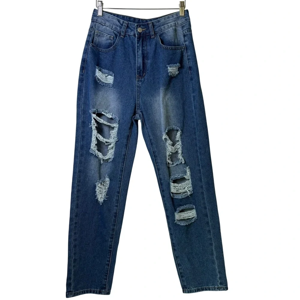 Distressed Jeans Women Size Small Blue Ripped‎ High Rise Straight Leg